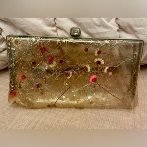 50s 60s Clear Vinyl Clutch Purse Real Dried Flowers Evening Bag Gold and Pink 🌸